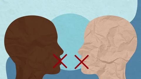 Two silhouettes of heads facing each other with red crosses over their mout.. Ilustração Stock