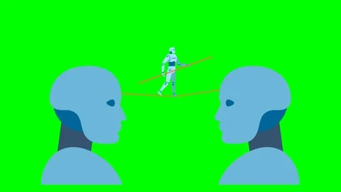 Two silhouettes of robot head, between which full-length robot tightrope walker Stock Footage 314658508