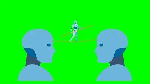 Two silhouettes of robot head, between which full-length robot tightrope walker Stock Footage 315428150