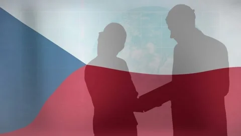 Two silhouettes shaking hands after right figure extending arm, Czech flag Stock Footage 328583377