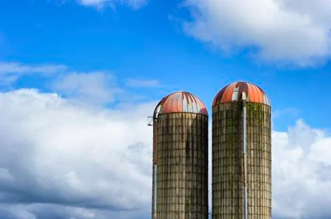 Two Silos against a partially cloudy sky Foto stock