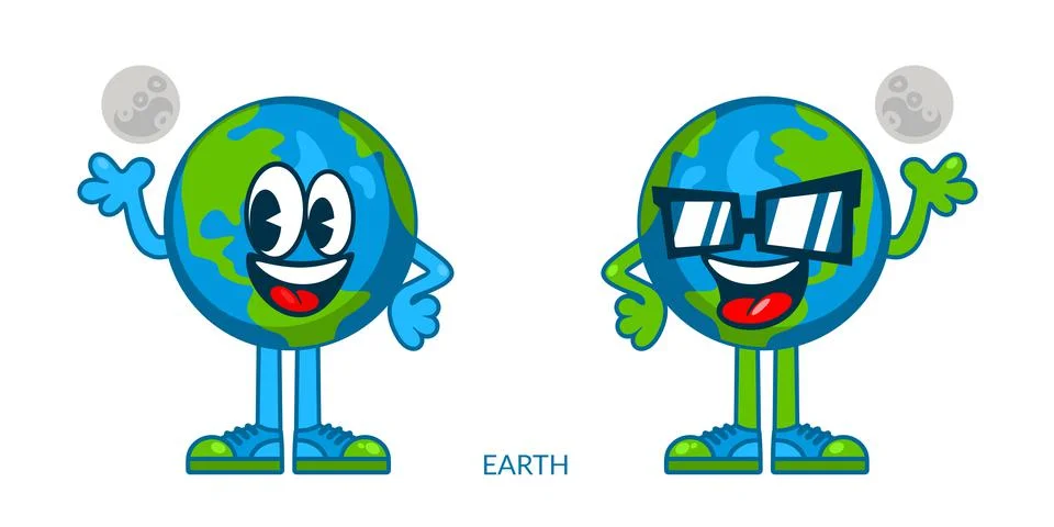 Two Simple Cute Isolated Happy Smiling Globe World Earth Cartoon Characters With Stock Illustration