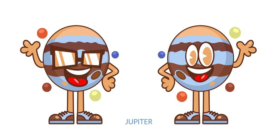 Two Simple Cute Isolated Happy Smiling Jupiter Planet Cartoon Characters Stock-Illustration