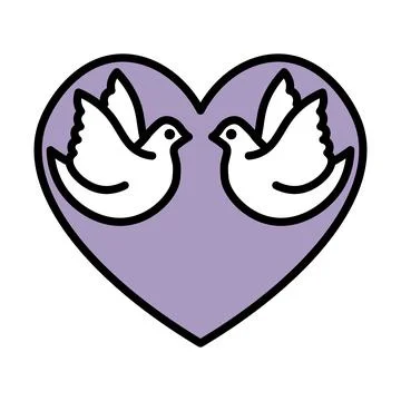 Two simple white outline doves in lilac heart Stock Illustration