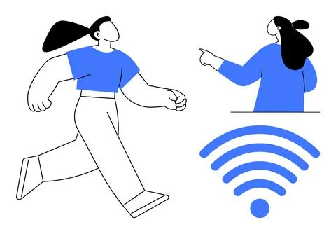 Two simplified human figures in blue clothing interact, with one running and  Illustrazione stock