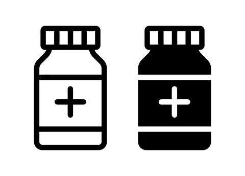 Two Simplistic Medical Bottles with Plus Signs in Black and White Design Stock Illustration