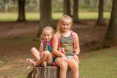 Two sisters are sitting on a tree stump on a summer day Stock Photos