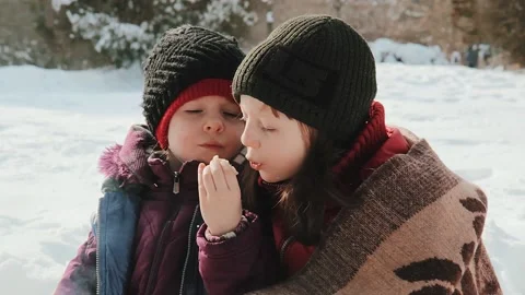 Two sisters bask by the fire in the winter park. The concept of rest Stock Footage 146600384