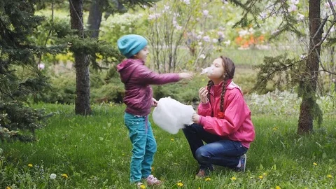 Two sisters eat cotton candy on a stick and laughing Stock Footage 84262576