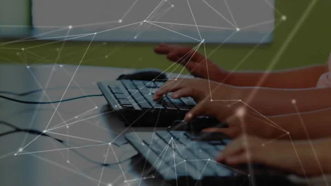 Two sisters placing hands on keyboards initiating network overlay practicing Stock Footage 312229512