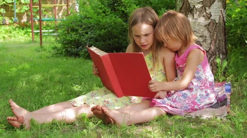 Two sisters reading a red book together in a sunny garden setting Stock Footage 298184753