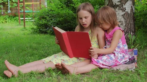 Two sisters reading a red book together in a sunny garden setting Stock Footage 298185299