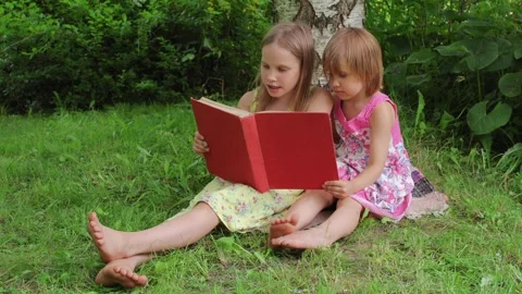 Two sisters reading a red book together in a sunny garden setting Stock Footage 298187754