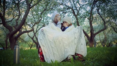 Two sisters sheltered by a plaid sitting in the park Stock Footage 100166310