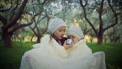 Two sisters sheltered by a plaid sitting in the park Stock Footage 101981021