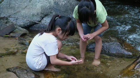 Two sisters in the summer at the river are having fun playing in the sand. Stock Footage 239330364