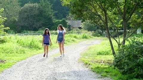 Two Sisters Walking Down a Country Road then Hug Stock Footage 78284722