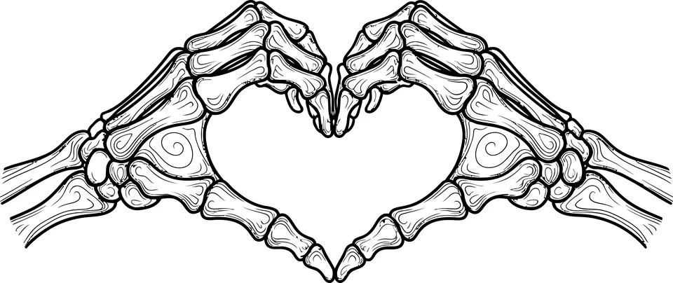 Two skeleton hands are positioned to form a heart shape against a white backd Illustrazione stock