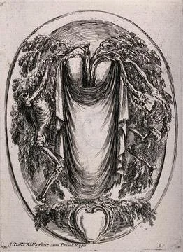 Two skeletons flank a tree to which they attach a large cloth. Etching by S.. Stock Illustration
