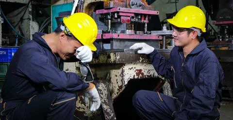 Two skilled Asian workers, dressed in helmet uniforms, are discussing machine Stock Photos