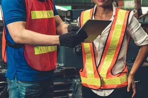 Two skillful factory engineer or worker discussing project on tablet computer Stock Photos