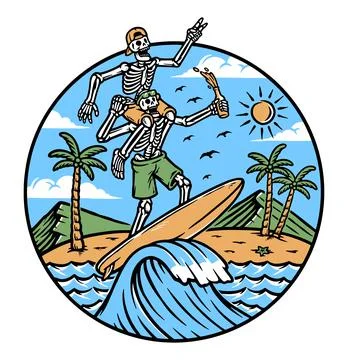 Two skull surfers on the beach Stock Illustration