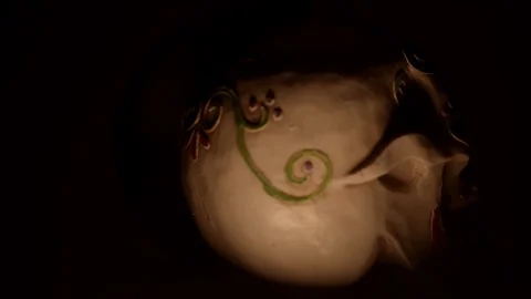 Two Skulls in front of fire light turns to camera close up Stock Footage 114086715