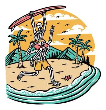 Two skulls having fun on the beach Stock Illustration