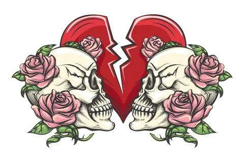 Two Skulls in Roses and Broken Heart Engraving Tattoo Stock Illustration