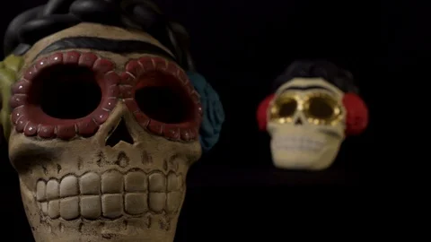 Two skuls with focus in and out in a black background Stock Footage 96688447