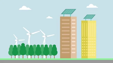 Two skyscrapers using solar panel and windmill Stock Footage 152496898