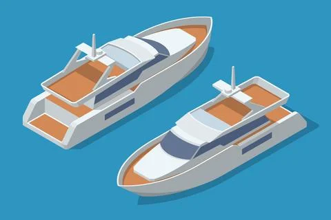 Two sleek, modern Isometric yachts gracefully float on a calm blue surface Illustrazione stock