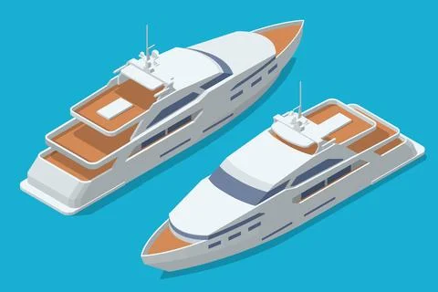 Two sleek, modern Isometric yachts gracefully float on a calm blue surface Illustrazione stock