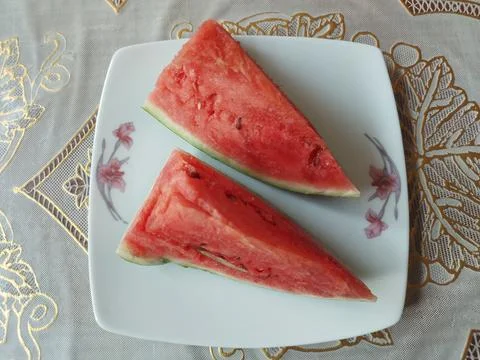Two Slice Pieces Watermelon in a Plate Stock Photos