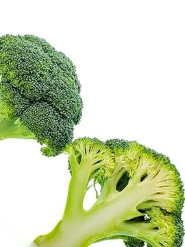 Two sliced broccoli sprigs on a white background close up Stock Photos
