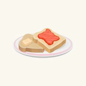 Two slices of bread with butter and strawberry jam on plate. Sweet and delicious Stock Illustration