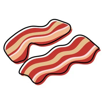 Two slices of wavy bacon on white background. Cartoony bacon strips roasted Stock Illustration