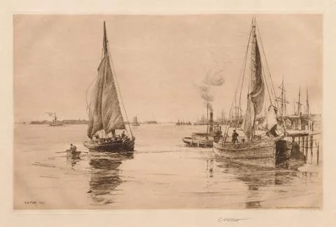 Two Sloops on the East River, 1889. Charles Adams Platt (American, 1861-193.. Stock Illustration