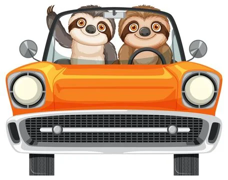 Two Sloths Driving Orange Convertible Car Front View Stock Illustration