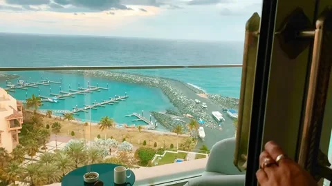 Two small birds flew onto the balcony. A hand opens the balcony door. Stock Footage 268071925