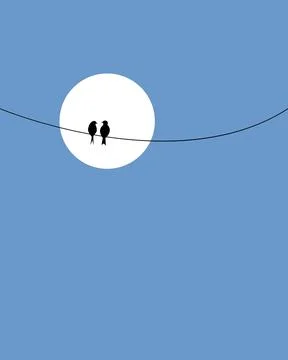 Two small birds perch on a wire against a soft blue sky. 库存插图