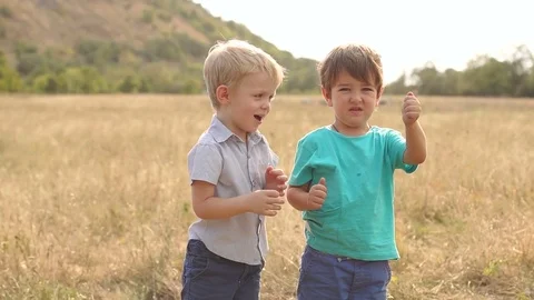 Two small boys playing in field at sunset. Stock Footage