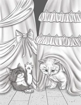 Two Small Cats Playing And Hiding Below Party Dress Colorless Line Drawing... Stock Illustration