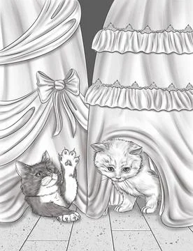 Two Small Cats Playing And Hiding Below Party Dress Colorless Line Drawing... Stock Photos