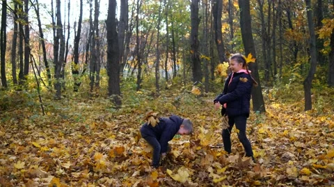 Two small children throw autumn leaves in the park. A boy and a girl play in an Video stock 160958160