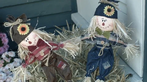 Two small decorative scarecrows. Medium panning shot. Stock Footage 81561368