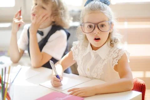Two small disciples of an elementary school do lessons. Stock Photos
