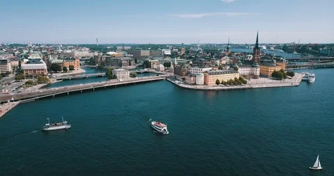 Two small ferry ships are manoeuvring  in Stockolm's bay Stock Footage 92368473