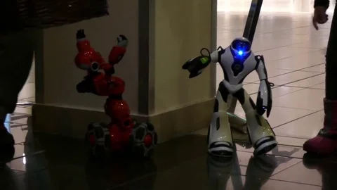 Two small, humanoid, autonomous robots moving Stock Footage 69243562