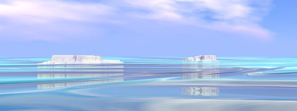Two small icebergs over cold water - 3D render Stock Illustration